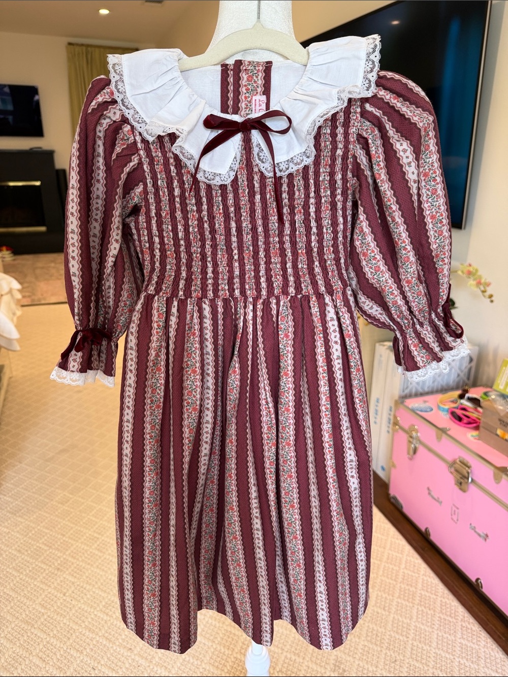 La Coqueta - Girls Burgundy Floral Striped Hand Smocked Dress - Size: 8Y